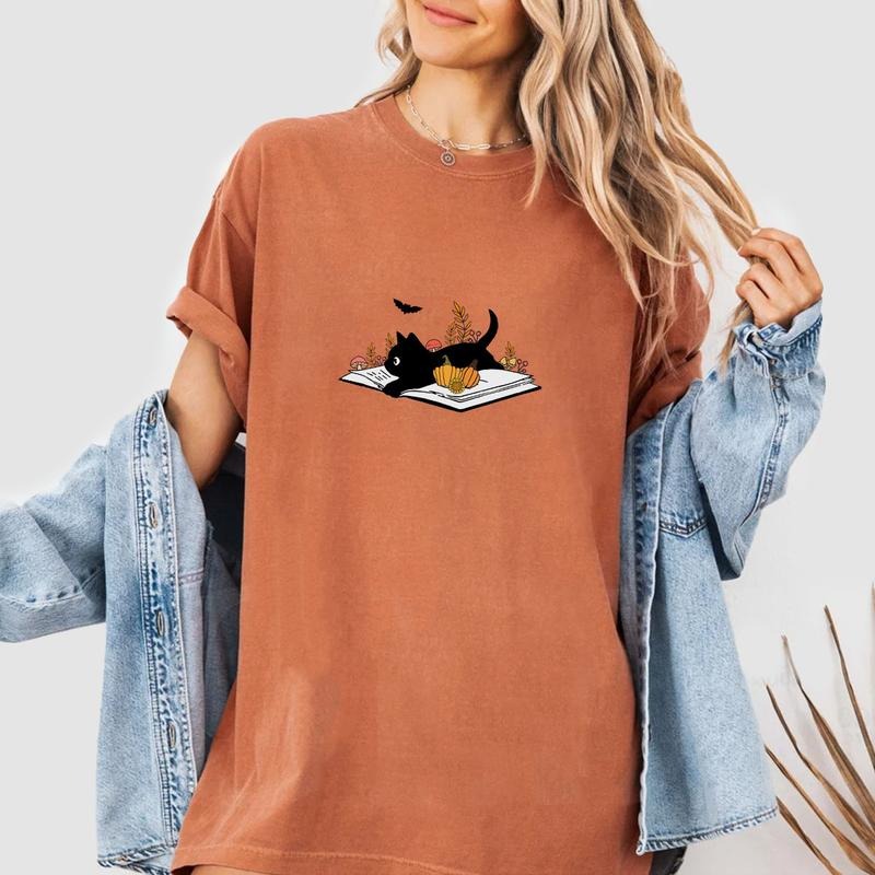 Black Cat Fall Book Lover Shirt, Cat And Book Lover Comfort Tee, Fall Reading Book T-Shirt, Bookworm TShirt, Halloween...