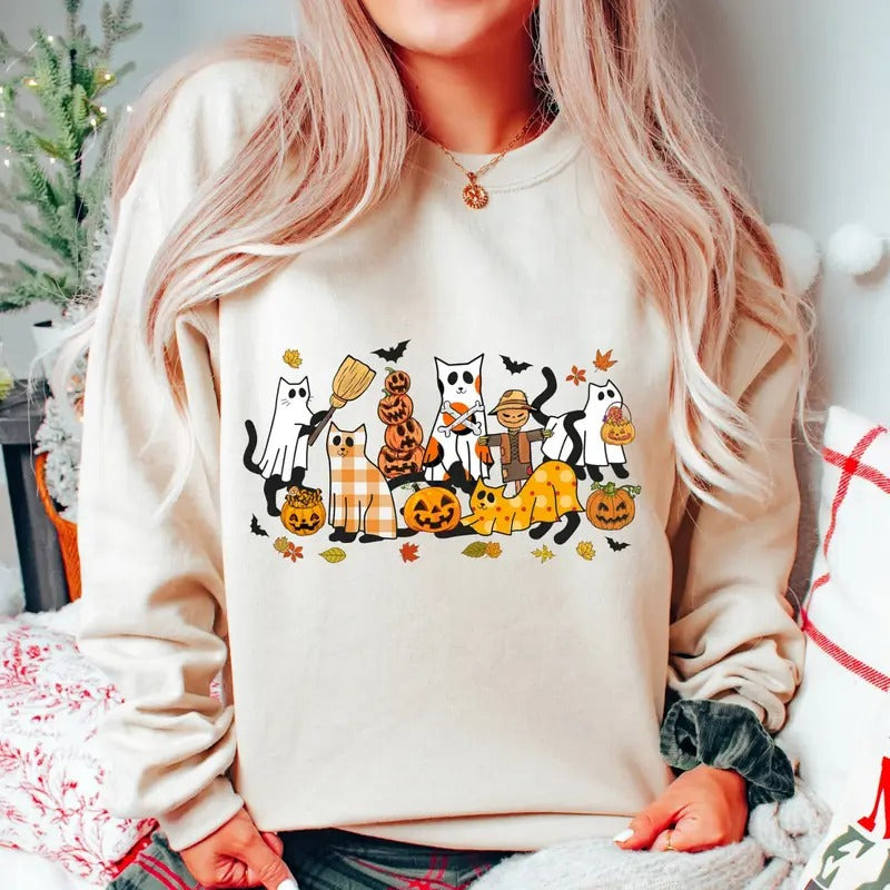 Black Cat Halloween Sweatshirt, Halloween Ghost Cat Tee Shirt, Black Cat Pumpkin Sweatshirt, Spooky Season Shirt,...