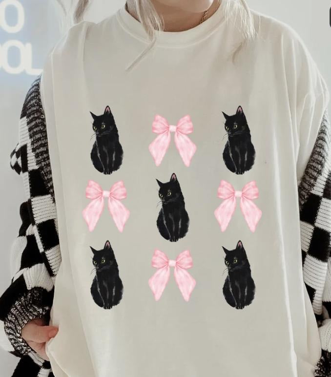 Black Cat with bows Shirt ~ Unisex Apparel Relaxed Fit Printed In The USA Clothing Womenswear Casual Comfort Cotton Top...