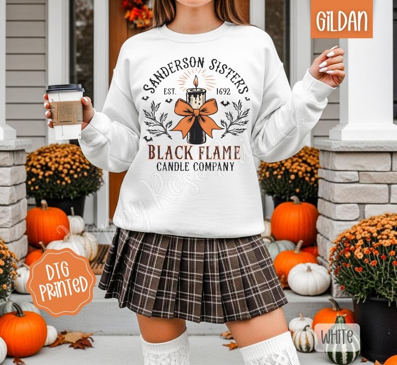 Black Flame Candle Sweatshirt, Trendy Women's Halloween Crewneck T-Shirts, Hoodie | TeeBloomCo.com