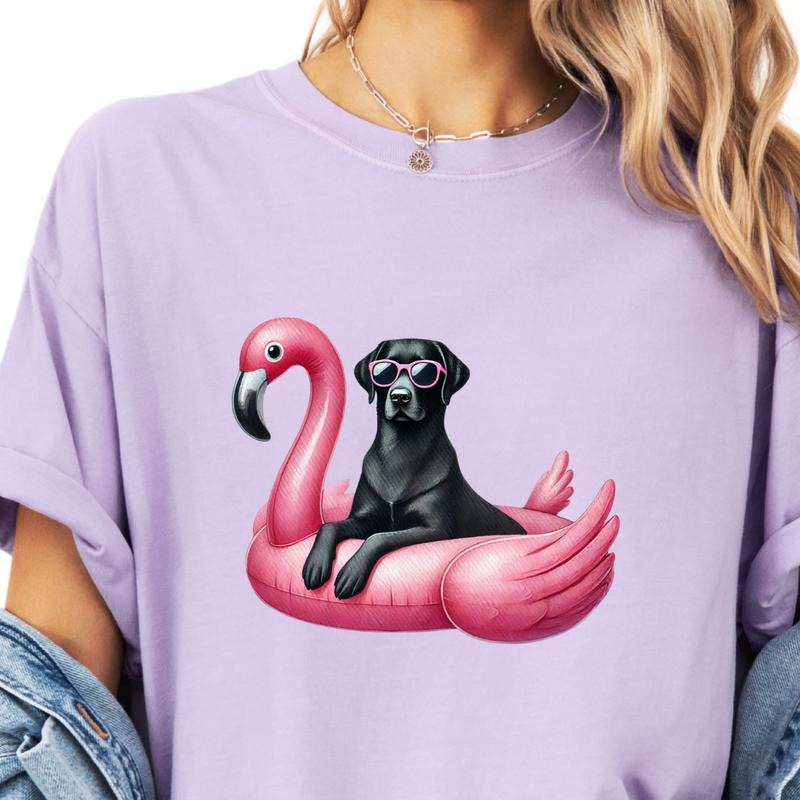 Black Lab Flamingo Float Dog Shirt ~ Unisex Apparel Relaxed Fit Printed In The USA Clothing Womenswear Casual Comfort...