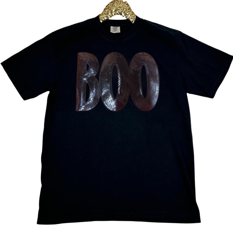 Black Sequin Boo Patch Comfort Colors T-Shirt Hoodie, Sweatshirt | TeeBloomCo.com