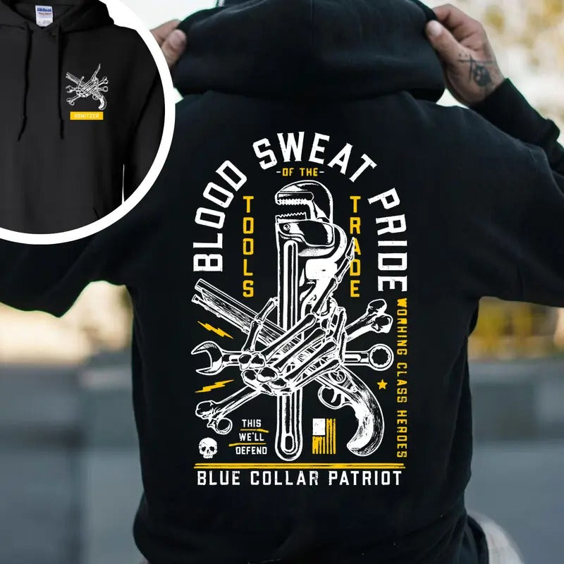 Blue Colar Patriot Blood Sweat Pride This We'll Defend 2 Side Printed T-shirt - Crewneck Sweatshirt