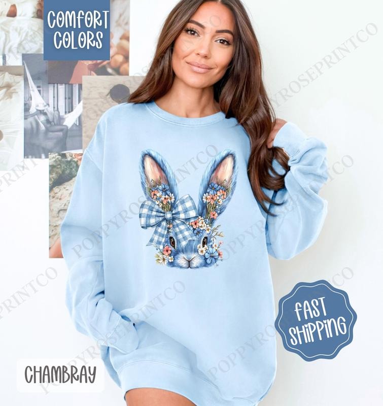 Blue Floral Bunny Comfort Colors Sweatshirt, Cute Easter Women's Crewneck, Trendy Bunny Women's Sweater, Gift for Her...