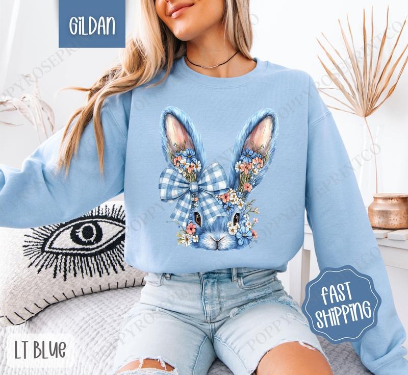 Blue Floral Bunny Sweatshirt, Easter Crewneck, Trendy Bunny Women's Sweater, Gift for Her T-Shirts, Hoodie | TeeBloomCo.com