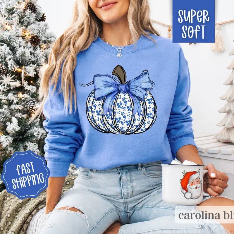 Blue Floral Pumpkin Sweatshirt, Pumpkin Season Sweater, Comfy Fall Sweatshirt for Women T-Shirts, Hoodie | TeeBloomCo.com