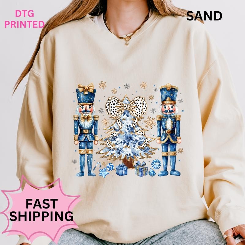 Blue Nutcracker Christmas Sweatshirt Winter Graphic Long Sleeve Casual Cotton Polyester Oversized sweatshirt - Comfort...
