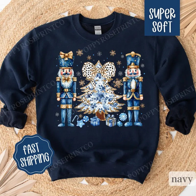 Blue Nutcracker Christmas Sweatshirt, Christmas Sweater, Women's Holiday Crewneck T-Shirts, Hoodie | TeeBloomCo.com
