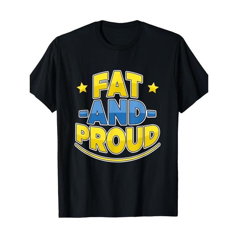 Body Positive Cotton T-Shirt for Men and Women - Casual Round Neck Tee with Geometric "Fat and Proud" Print, Stretch...