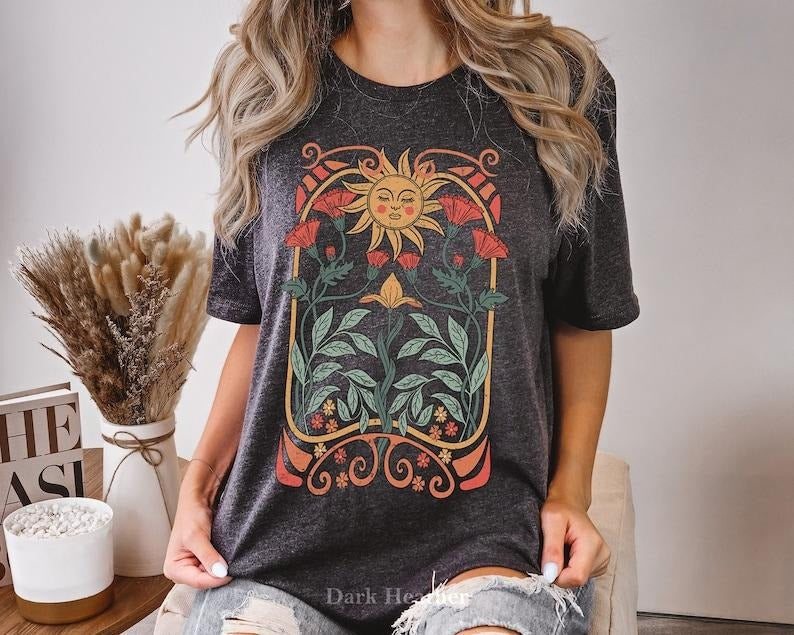 Boho Blumen Tshirt Jugendstil, Boho Wildblumen Tshirt, Boho Blumen Shirt, Natur Shirt, Jugendstil Art Deco Shirt,...