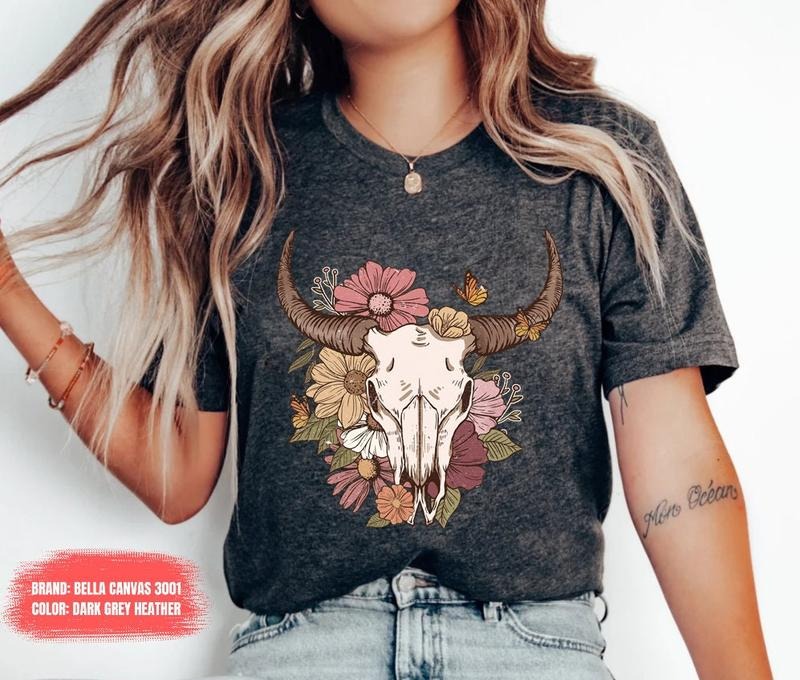 Boho Cow Skull Shirt, Country shirt, Wild west Shirt, Western Graphic Tee, Cowgirl Shirt, Bull Skull Shirt, Southwest...