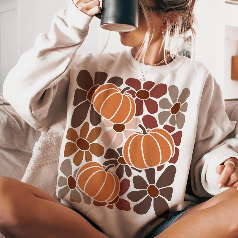 Boho Floral Fall Shirt, Pumpkin Season Crewneck Sweatshirt, T