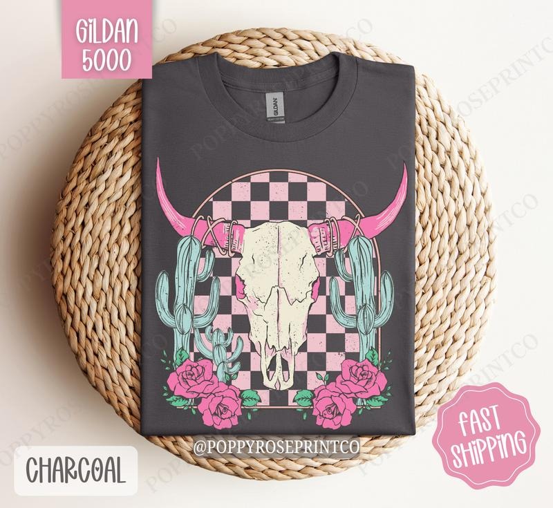 Boho Floral Skull Shirt Gildan, Desert Cow Floral Tshirt, Western Shirts Hoodie, Sweatshirt | TeeBloomCo.com