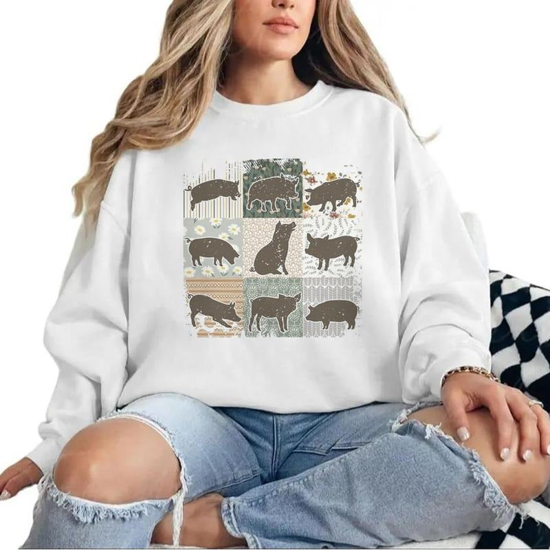Boho Retro Pet Pigs Sweatshirt, Hoodie, Floral Farmhouse T-shirt Farm Girl Crewneck Sweater, Pig Lover Gifts for Unisex...