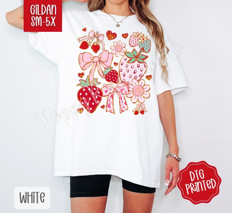 Boho Strawberry Shirt Gildan, Women's Coquette Floral Tee, Trendy Fruit Tshirt Plus Sizes Hoodie, Sweatshirt | TeeBloomCo.com