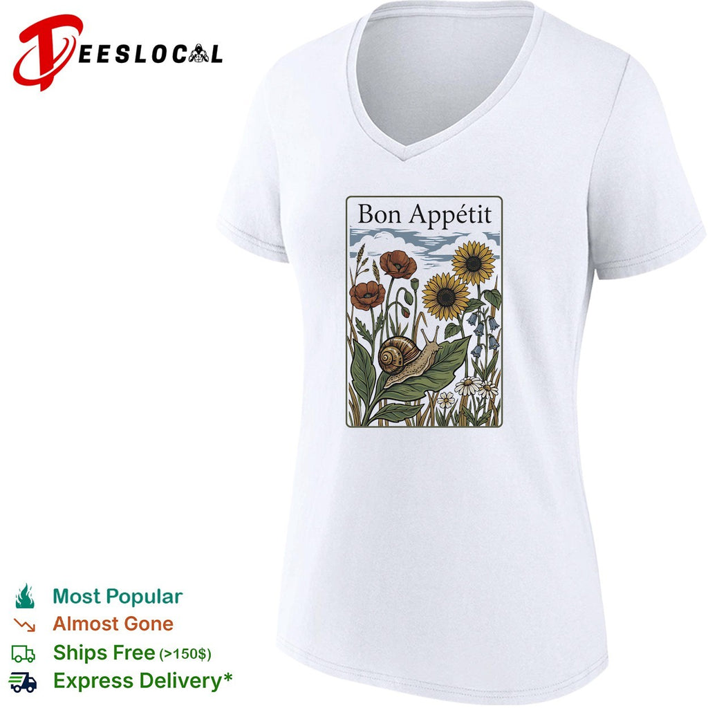 Bon Appetit snail on leaf with poppies and sunflowers vintage illustration shirt