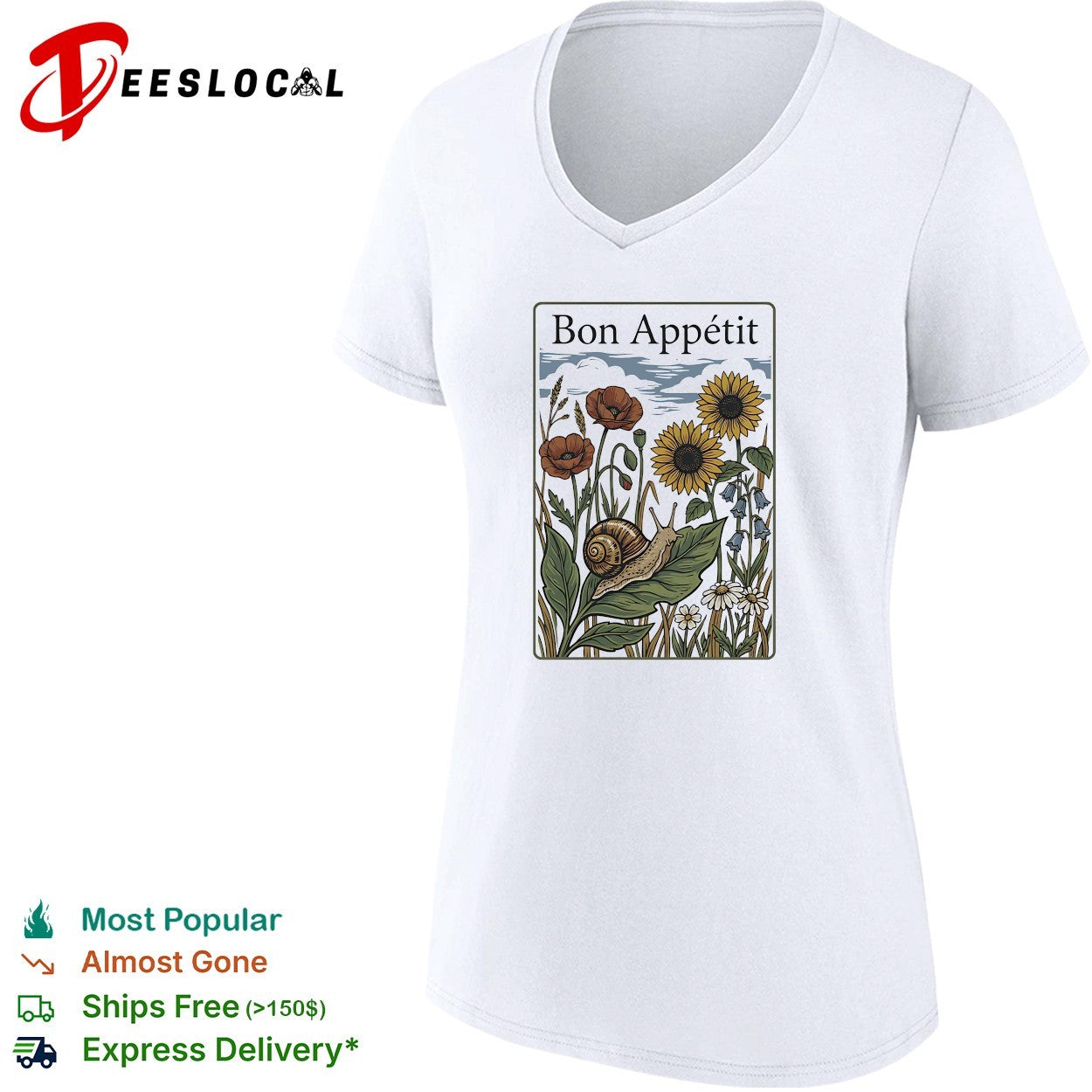 Bon Appetit snail on leaf with poppies and sunflowers vintage illustration shirt