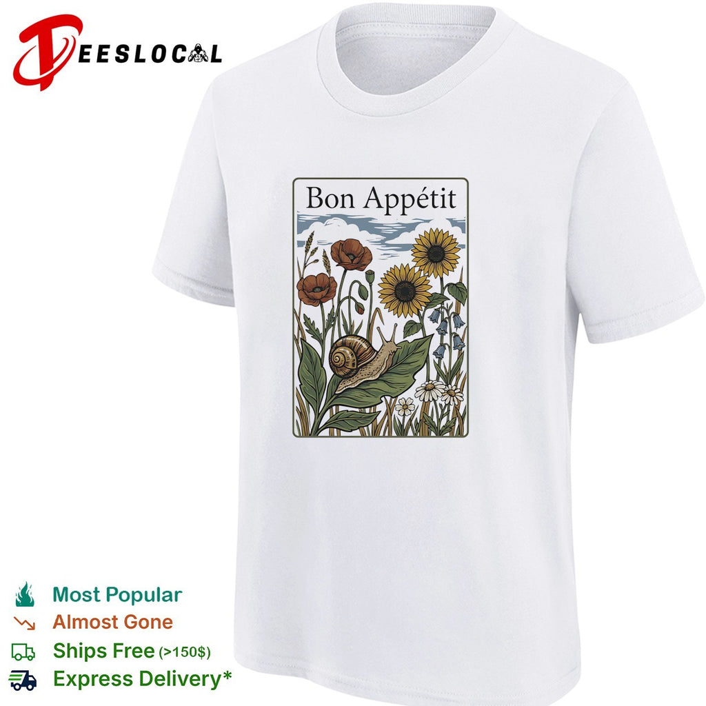 Bon Appetit snail on leaf with poppies and sunflowers vintage illustration shirt