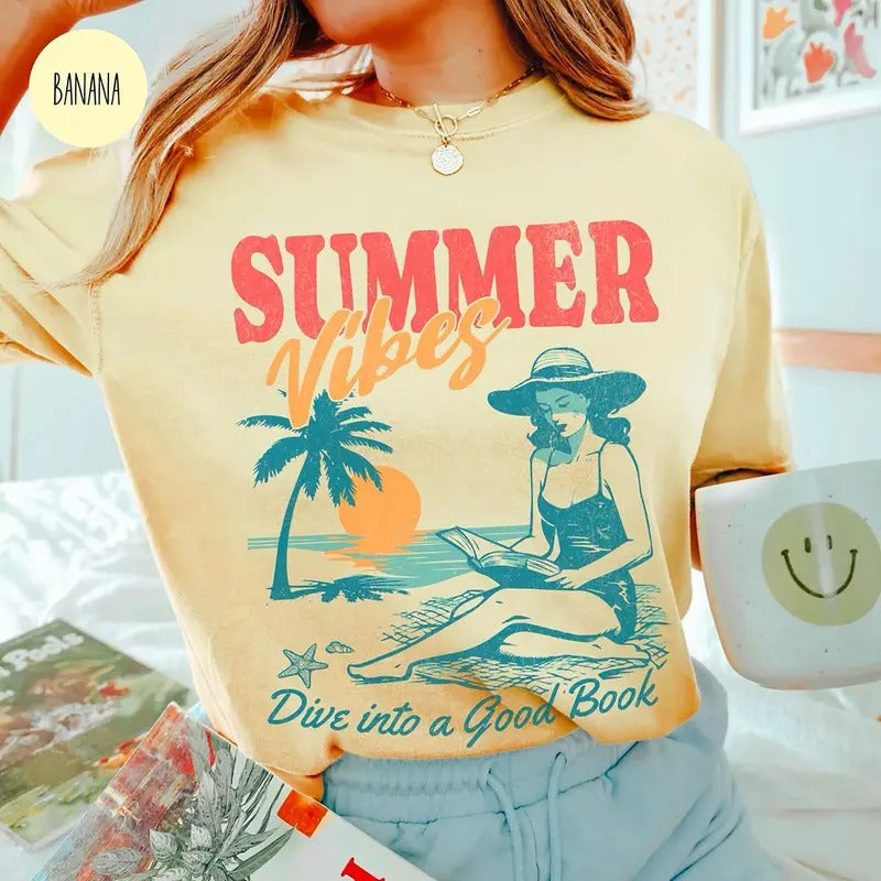 Book Girl Summer Shirt, Book Girl Beach Tee, Retro Beach Book Lover Vacation TShirt, Vintage Romance Reader Tee, Girly...