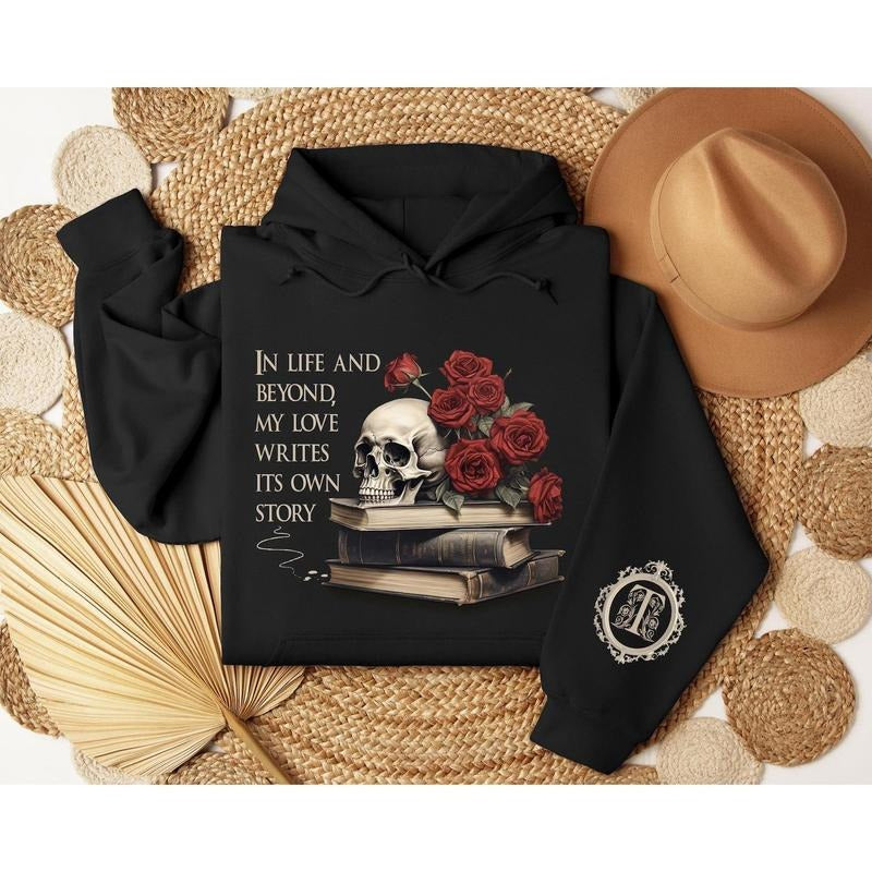 Books and Roses Gothic Valentine Sweatshirt, Custom Sleeve Letter Hoodie, Gothic Valentine Sweater, My Love Writes its...