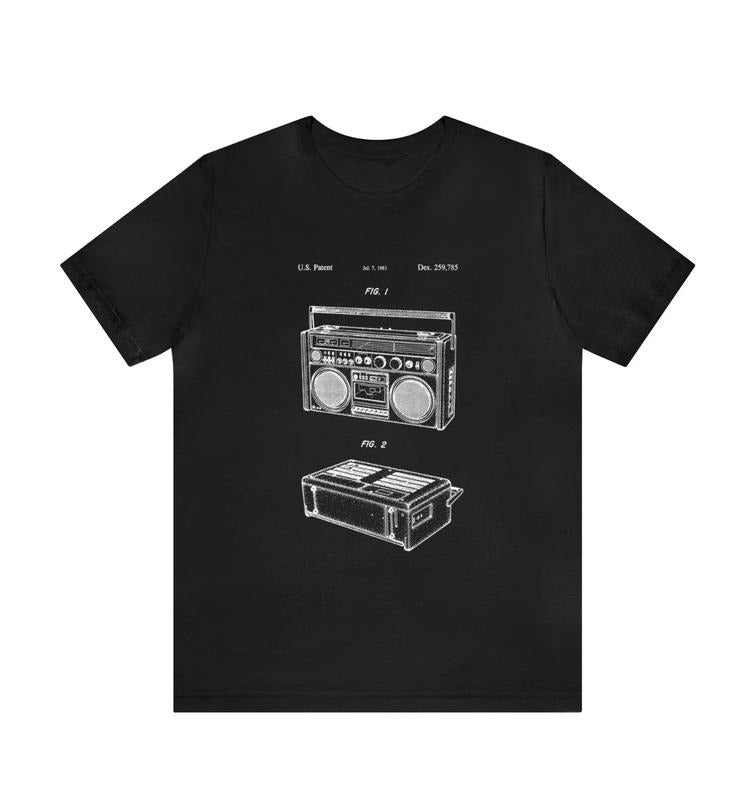 Boombox Cassette Stereo Radio Design Patent Blueprint Short Sleeve T-Shirt Black Tee Drawing 80's Hoodie, Sweatshirt