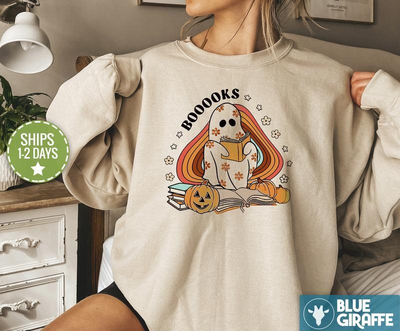 Booooks Cotton Sweatshirt, Spooky Crewneck Sweatshirt, Book Crewneck, Reading Sweatshirt, T-Shirts, Hoodie | TeeBloomCo.com