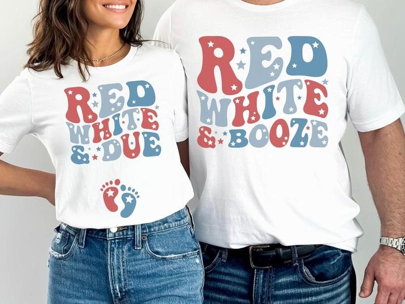 Booze Couple Shirts 4th of July Pregnancy Announcement Matching T-Shirts Gender Reveal Baby Shower 100% Cotton Hoodie,...