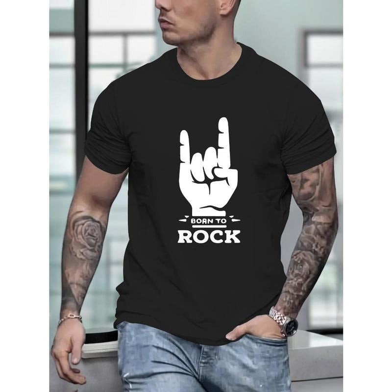 Born To Rock Print Tee Shirt, Tees For Men, Casual Short Sleeve T-shirt For Summer Made in USA Hoodie, Sweatshirt