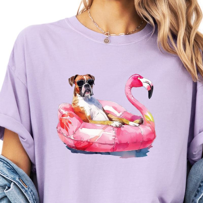 Boxer Flamingo Float Dog Shirt ~ Unisex Apparel Relaxed Fit Printed In The USA Clothing Womenswear Casual Comfort Cotton...