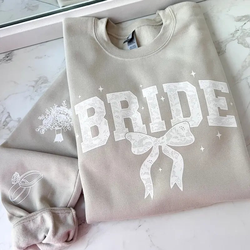 Bride Lace Bow Sweatshirt or Hoodie with sleeve prints Comfy Unisex Tops T-Shirts | TeeBloomCo.com