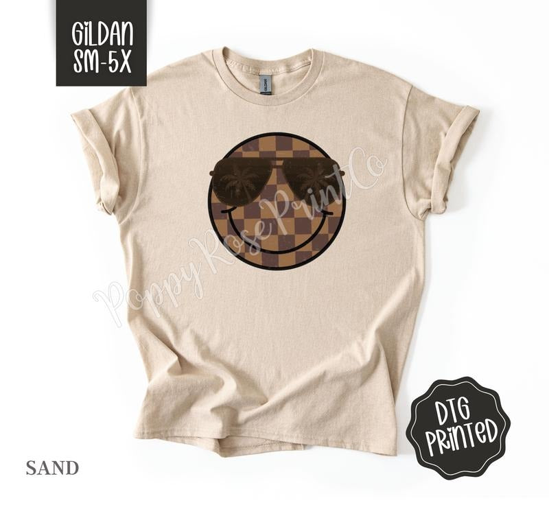 Brown Checkered Smiley Gildan Tshirt , Summer Tee, Cute Women's Shirt, Gift For Her Hoodie, Sweatshirt | TeeBloomCo.com