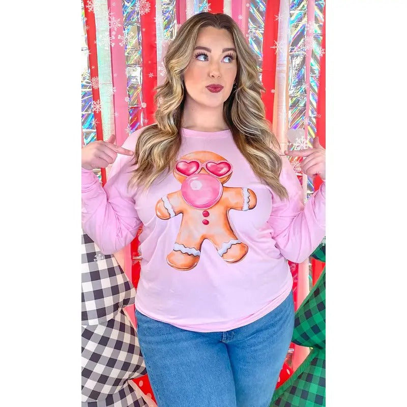 Bubble Gum Gingerbread Christmas Graphic Long Sleeve T-Shirt Hoodie, Sweatshirt | TeeBloomCo.com