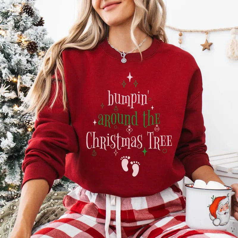 Bumpin Around the Christmas Tree Shirt, Christmas Pregnancy Reveal Sweatshirt, Xmas Maternity Shirt, Holiday Pregnancy...