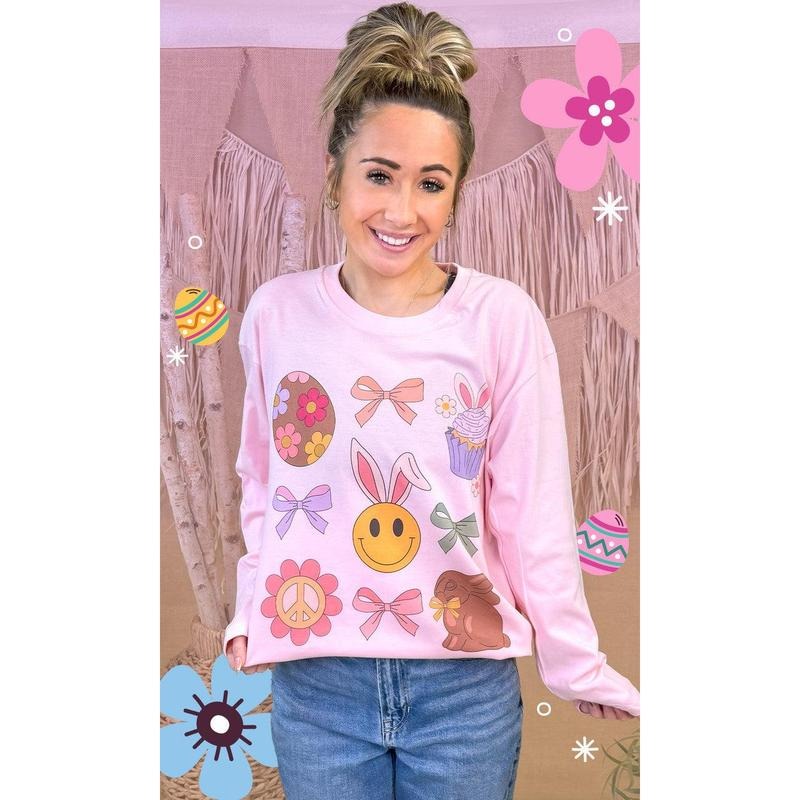Bunnies and Bows Easter Graphic Long Sleeve T-Shirt Hoodie, Sweatshirt | TeeBloomCo.com