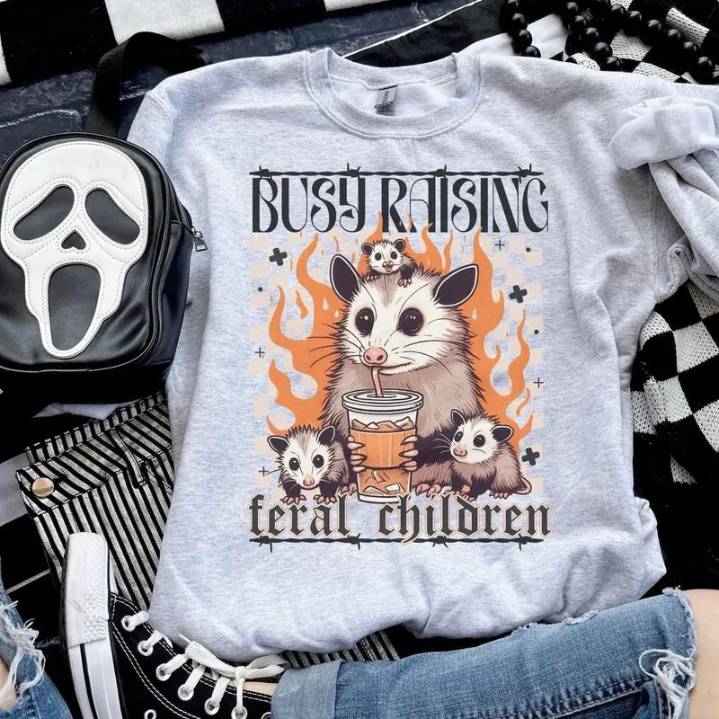 Busy Raising Feral Children Raccoon Opossum  - Ash Grey - Sublimation-  - Unisex Jersey Sweatshirt funny sweatshirts...