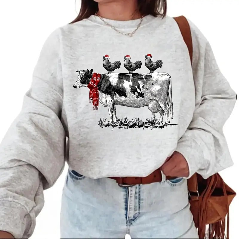 COW CHRISTMAS Chicken Sweatshirt Unisex T-shirt Hoodie xmas Funny 2024 2025 Cotton Pullover Womenswear Day | TeeBloomCo.com