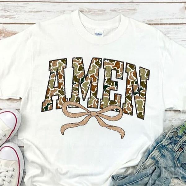 Camo Amen Coquette Bow Tee, Camouflage Coquette Old Camo Amen Shirt, Jesus Christian Apparel, Spring Bible Verses Camo...