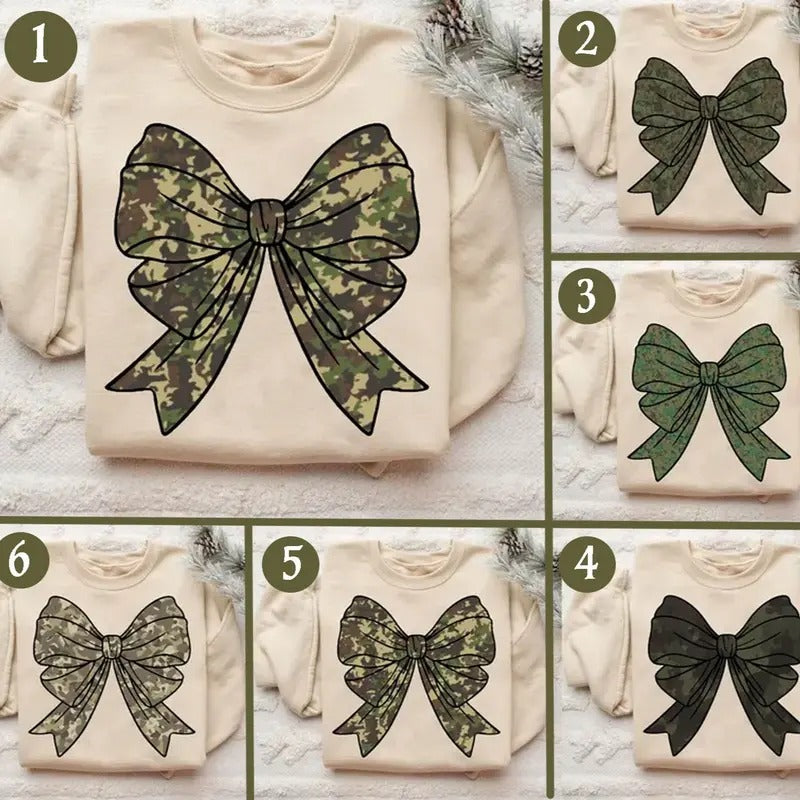 Camo Bow Bundle Coquette Bottomland Sweatshirt, Camouflage Bow Duck Hunting Retro Girl Cute Shirt Hoodie | TeeBloomCo.com