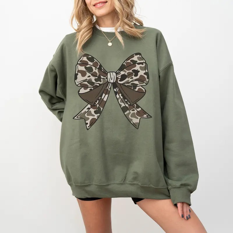 Camo Bow Sweatshirt, Camo Coquette Bow Shirt, Women's Camouflage Bow Shirt, Duck Hunting Tee Hoodie | TeeBloomCo.com