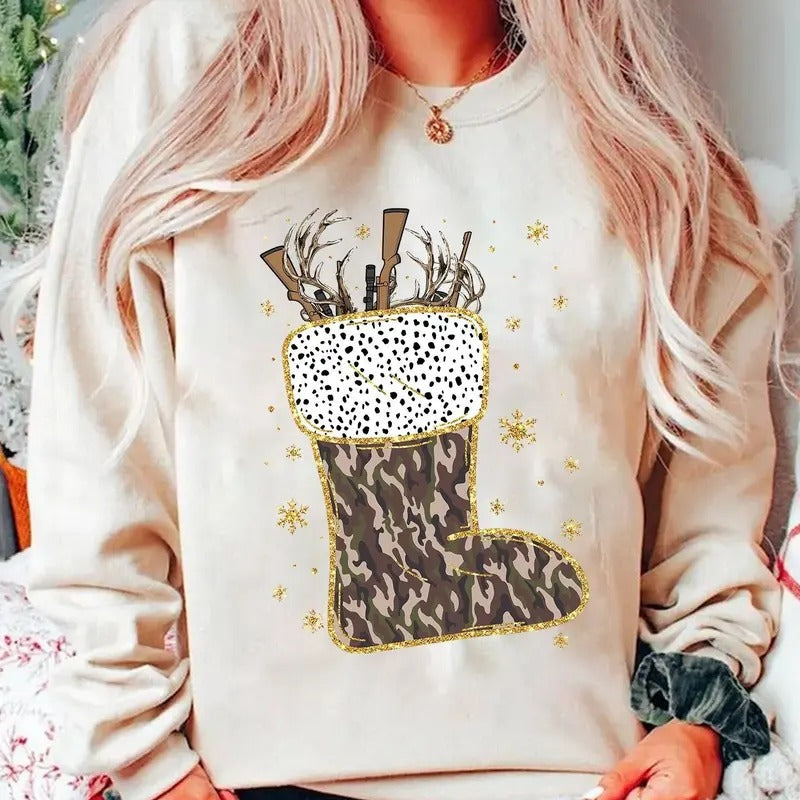 Camo Christmas Stocking Old School Vibes Sweatshirt, Dalmation Dots, Christmas Stocking, Tis The Season Camo Hungting...