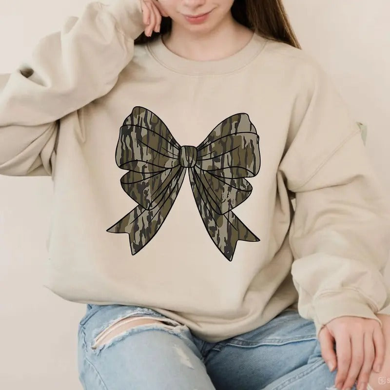 Camo Coquette Bow Sweatshirt, Old School Style Tee, Cotton Round Neck Tee, Unisex Tshirt for Men and Women, Menswear,...