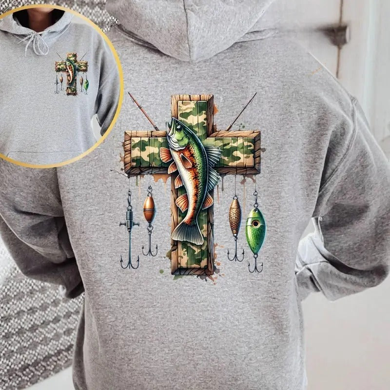 Camo Cross Fishing Hoodie, Religious Apparel, Dad Faith Hoodie, Men's Gifts, Fathers Day Gift, Fishermen Sweatshirt,...