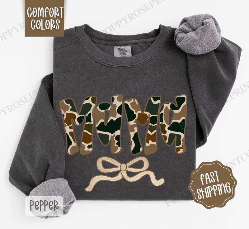 Camo Mama Comfort Colors Sweatshirt, Women's Crewneck, Cute Camo Women's Sweater T-Shirts, Hoodie | TeeBloomCo.com