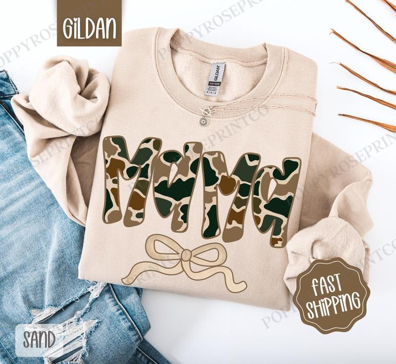Camo Mama Sweatshirt, Women's Crewneck, Cute Camo Women's Sweater T-Shirts, Hoodie | TeeBloomCo.com