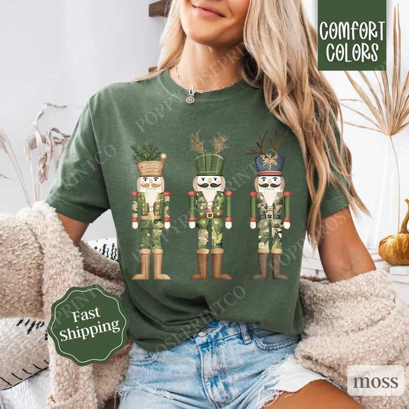 Camo Nutcracker Christmas Trees Shirt Comfort Colors, Country Christmas Tshirt,  Womens Holiday Hunting Tee Hoodie,...