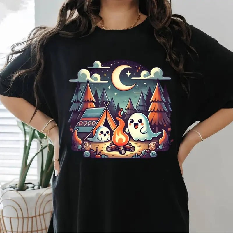 Camping With Boo Halloween Tshirt Spooky Season Party Shirt, Cute Ghost, Cute Boo, Vintage Shirt Hoodie, Sweatshirt