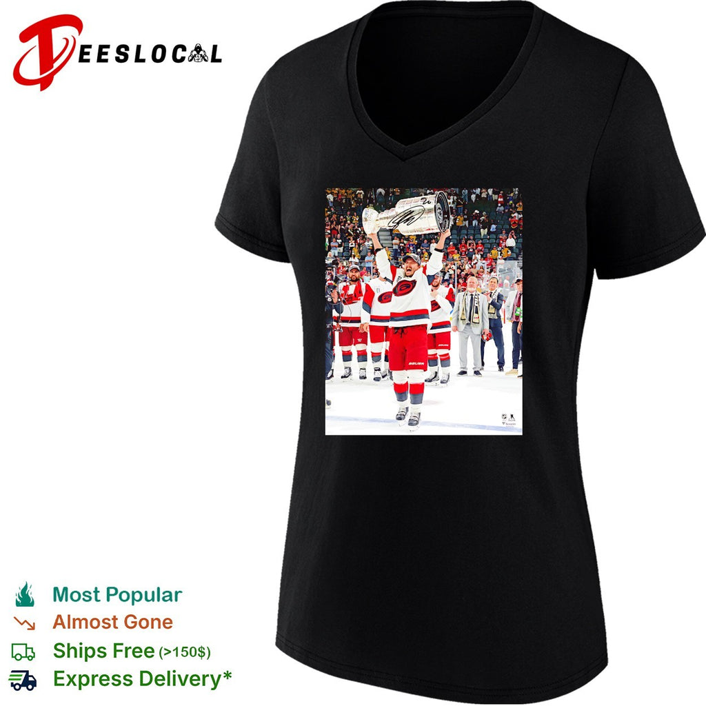Carolina Hurricanes player hoisting Stanley Cup trophy supreme moment photo shirt