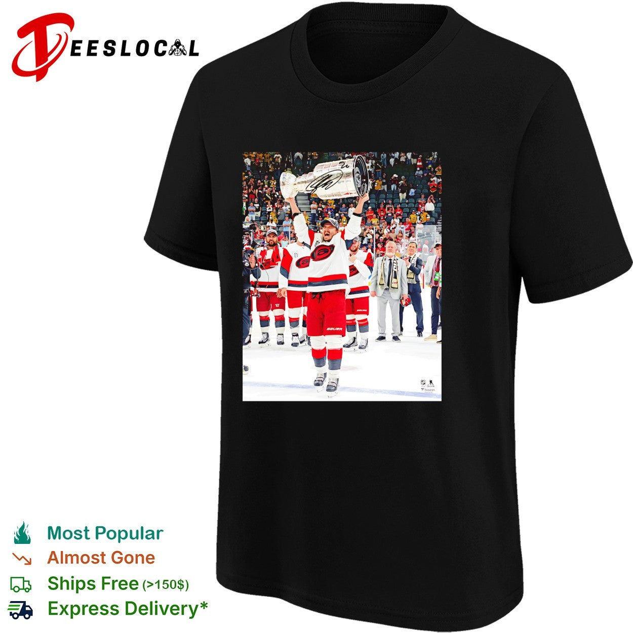 Carolina Hurricanes player hoisting Stanley Cup trophy supreme moment photo shirt