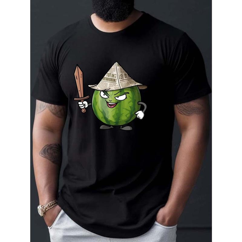 Cartoon Of A Watermelon Print Tee Shirt, Tees For Men, Casual Short Sleeve T-shirt For Summer made in usa Hoodie, Sweatshirt