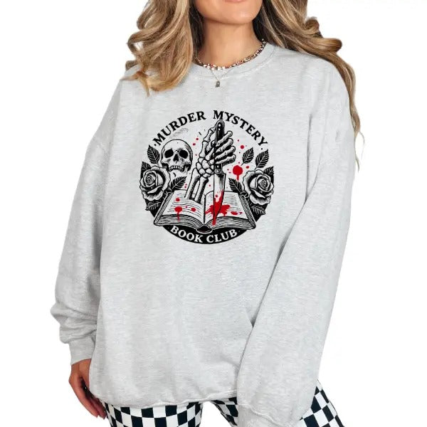 Casual True Crime Book Club Crewneck Sweatshirt, Hoodie & TShirt, Skeleton Graphic Pullover Sweater, Cotton, Womenswear,...